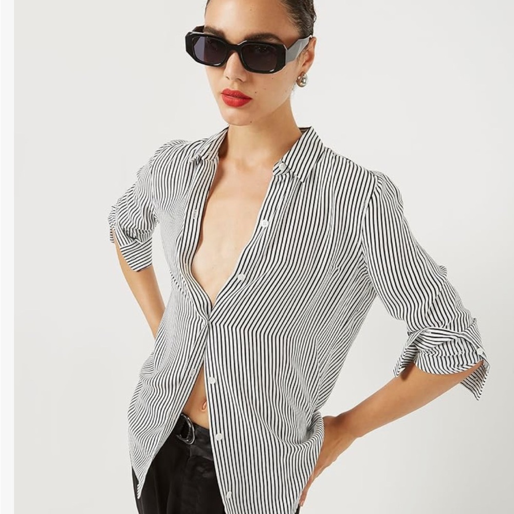 Equipment Black and White Button Down Shirt with Mandarin Collar